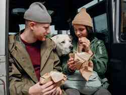 Ein Mann, ein Hund und eine Frau sitzen in einem Fahrzeug und essen.