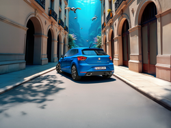 Heckansicht eines blauen SEAT Ibiza, der zwischen zwei Gebäuden steht. Zwischen beiden Gebäuden wird ein Meer mit Schildkröten dargestellt