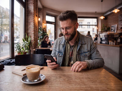 Junger Mann sieht auf die Porsche Bank Sparen App in seinem Smartphone