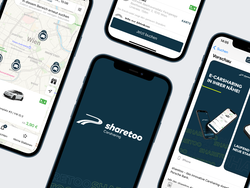 Vier Handy-Bildschirme zeigen verschiedene Ansichten der Sharetoo-App