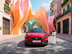 Frontansicht eines SEAT Leon, der an einer Ladesäule lädt. Im Hintergrund sind abstrakte Farbmuster