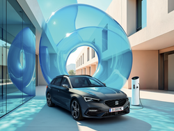 SEAT Leon Kombi steht neben einer Ladeesäule. Im Hintergrund sind abstrakte, blaue Blasen zwischen den Gebäuden